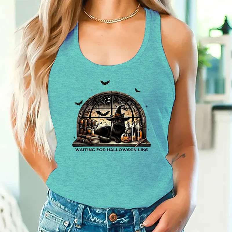 Spooky Black Cat Racerback Tank Top Women Waiting for Halloween Like Graphic Tanks Woman Witchy Cat Lover Halloween Casual Tops