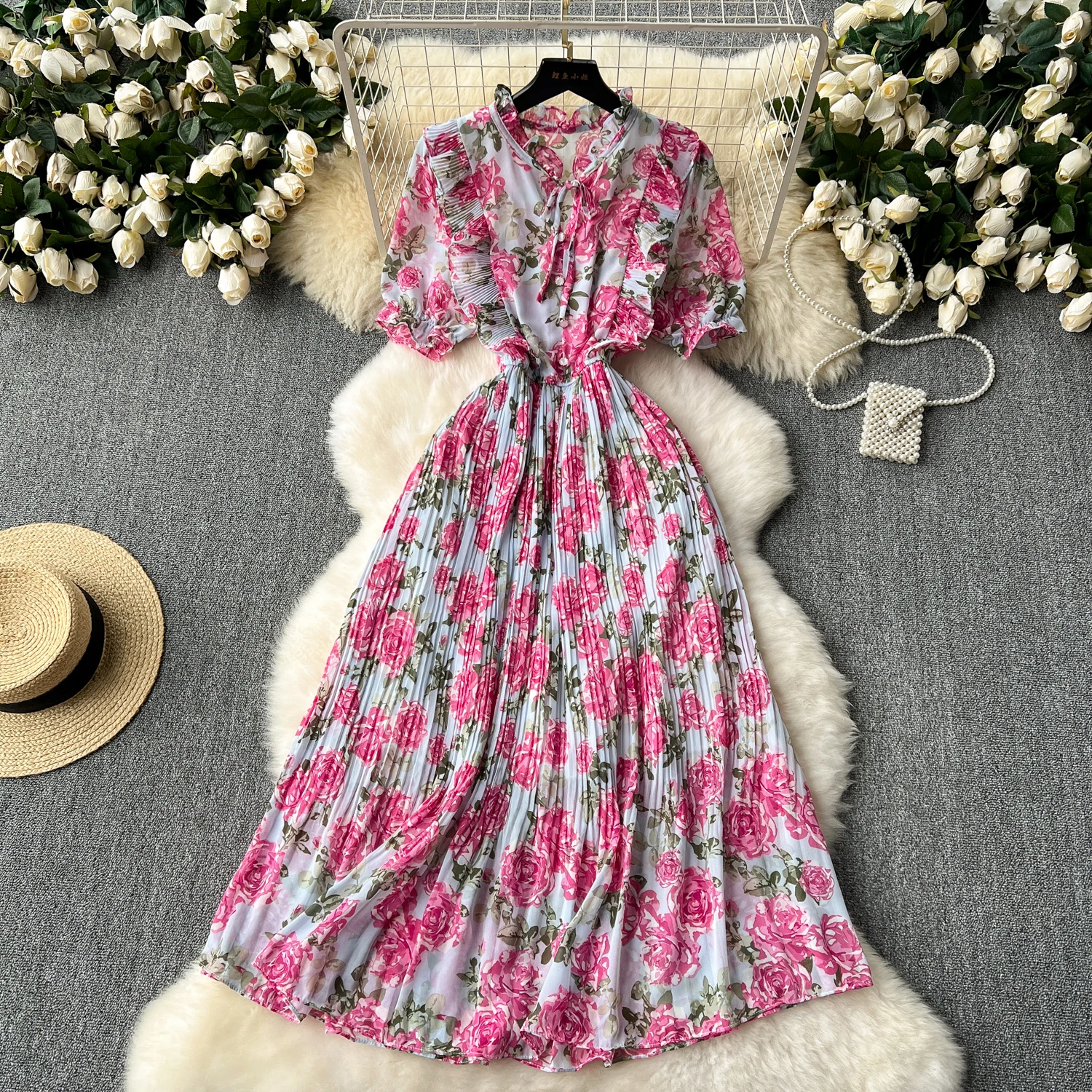 

Vintage Elegant V Neck Short Sleeve ruffle Print Dress A-line Fashion Spring summer Vestidos Women basics split Dresses