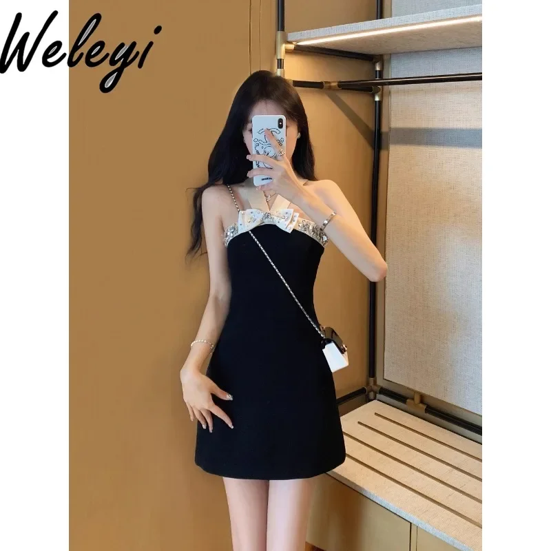 

Cute Classic Style Halter Spaghetti Straps Dresses 2024 New Women's Summer Tight Waist Elegant Lady Off Shoulder Elegant Kleider