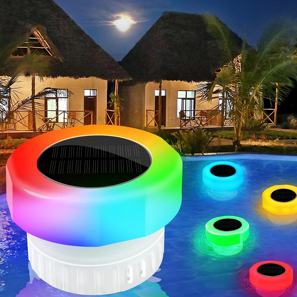 Flotador de cloro para piscina con energía Solar, limpiador de agua flotante con luz colorida, IP68, resistente al agua, para tabletas de hasta 3 pulgadas