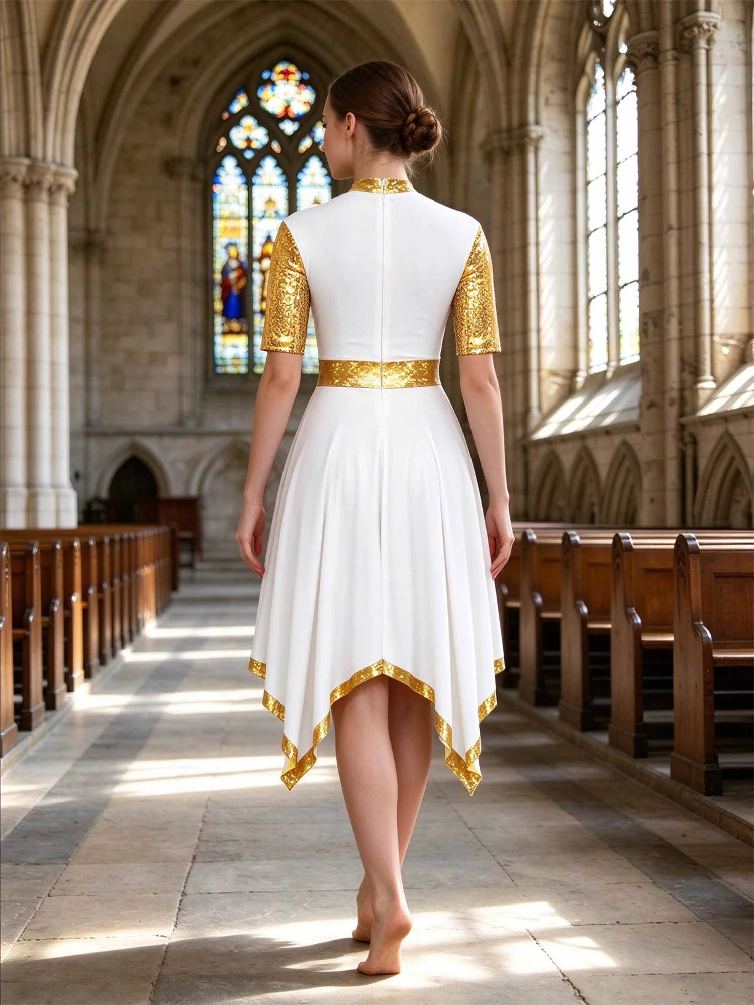 Women Liturgical Praise Worship Lyrical Dance Dress Short Sleeves Irregular Hem Dress Ballroom Ballet Dance Performance Costume