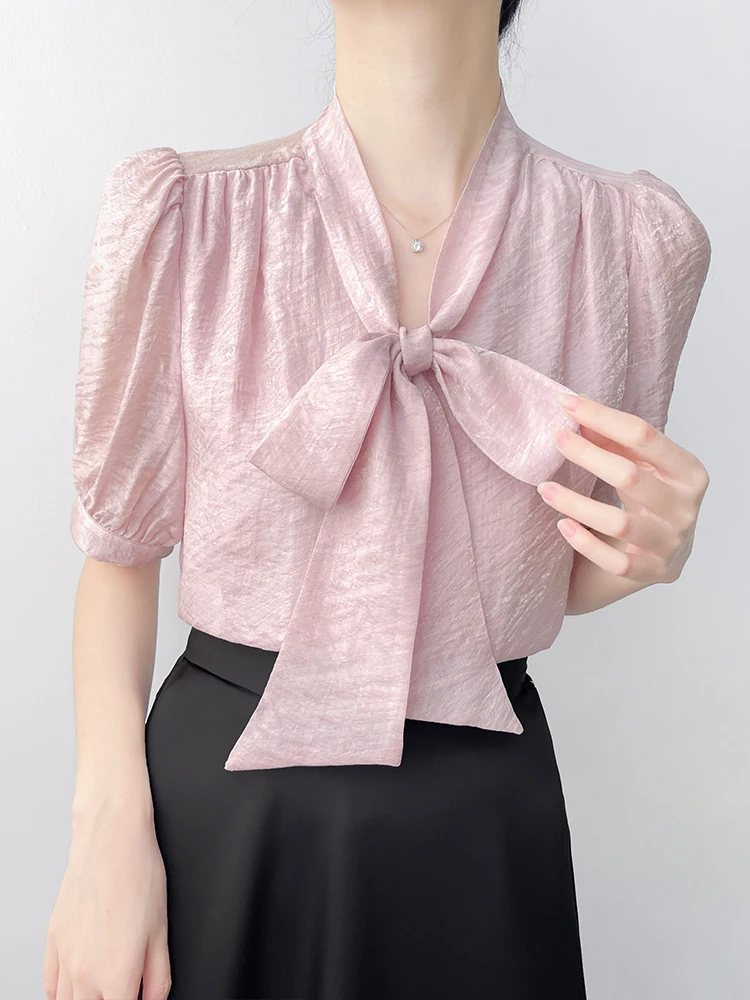 

Korean Sle Knot ort Sve irt Women's Summer New Loose Fit Texture Sense Glossy Feel Polyester irt