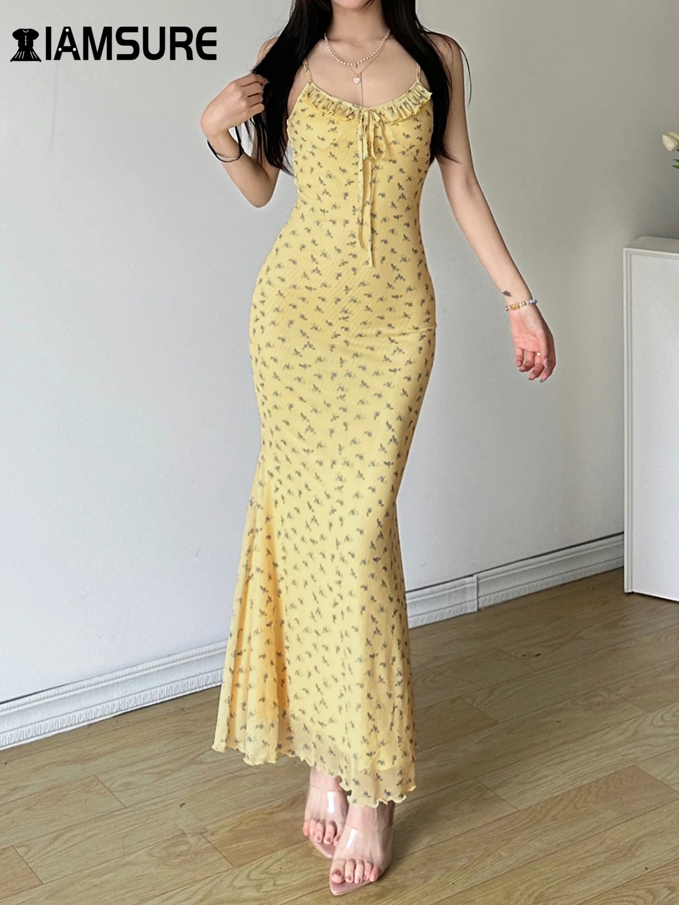 

IAMSURE Prairie Chic Floral Trumpet Dress Holiday Sexy Slim Slash Neck Sleeveless Maxi Dresses For Women 2024 Summer Fashion