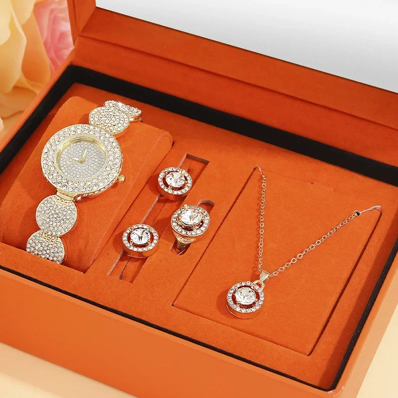 Luxury Rhinestone Quartz Bracelet Watch Fashion Analog Wrist Watch & 4pcs Jewelry Set, Gift For Women Her