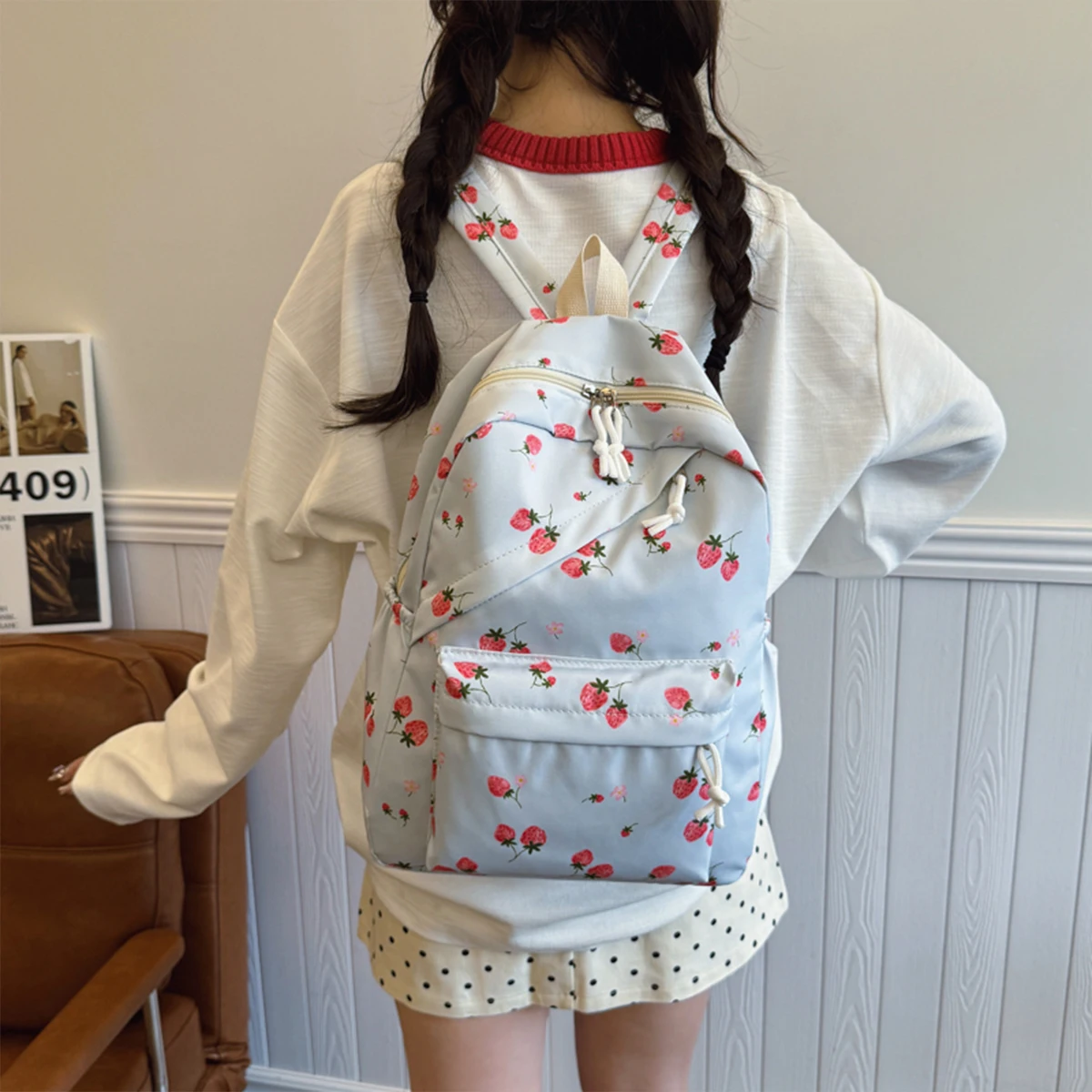 Kawaii الفراولة حقيبة الظهر مجموعة 3 قطعة حقيبة يد وحقيبة قلم مبطن النايلون المرأة حزمة مزدوجة سستة الحرم الجامعي تخفيف أساسيات
