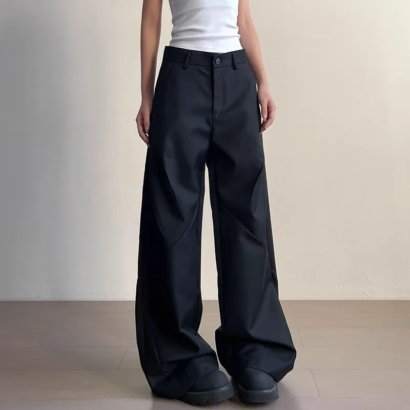 Women Suit Pants 2025 Spring Autumn New Fit Pants High Waist Pleated Straight Wide Leg Pants Floor Women's Chic Trousers