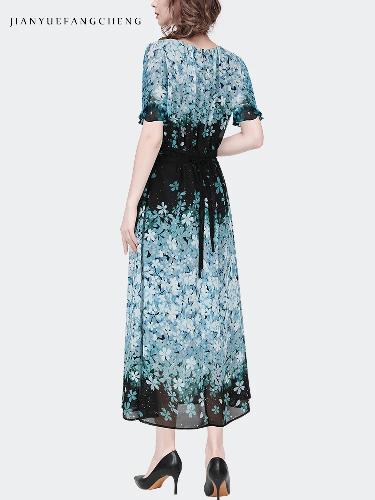 Vestido largo de gasa con estampado Floral azul para mujer, traje de manga corta con cuello redondo, cintura alta, elegante e informal para fiesta de verano