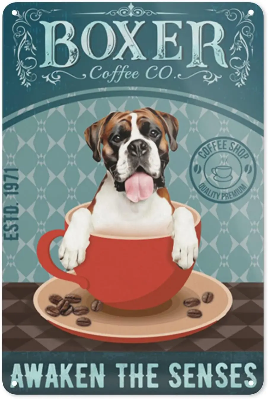 Vintage Kaffee Metallschild – Awaken The Senses Boxer Hund Poster Metallschilder Wandkunst Dekor für Zuhause, Büro und Bauernhaus Cottage