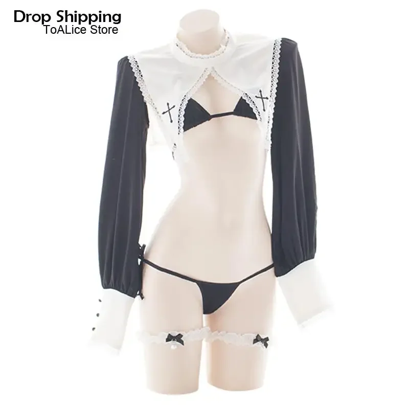 

Sexy Lingerie Woman Maid Uniform Nun Cosplay Costumes Hot Bikini Top Hollow Long Sleeve Gothic Lolita Ultra Short Sister Lingeri