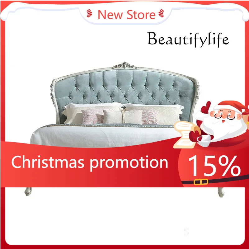 

Европейская кровать из массива дерева в стиле лёгкой роскоши с резьбой и тканевой обивкой для дома, виллы, спальни, комфортная, дизайнерская, модная, модель X