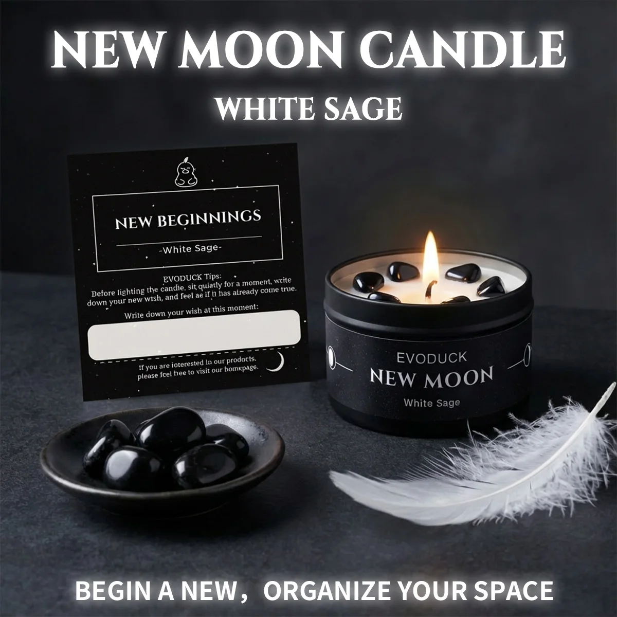 New Moon Scented Candles White Sage 3oz  Soy Wax Scented Candle Black Tin with Black Crystal Chips christmas gift gift for woman