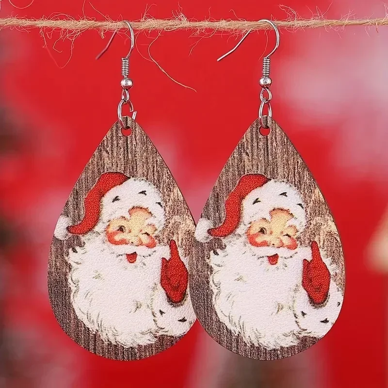 CAOSHI عيد الميلاد لطيف ليوبارد طباعة سانتا كلوز المياه استرخى قلادة أقراط على الوجهين بولي PU أقراط اكسسوارات للنساء #2