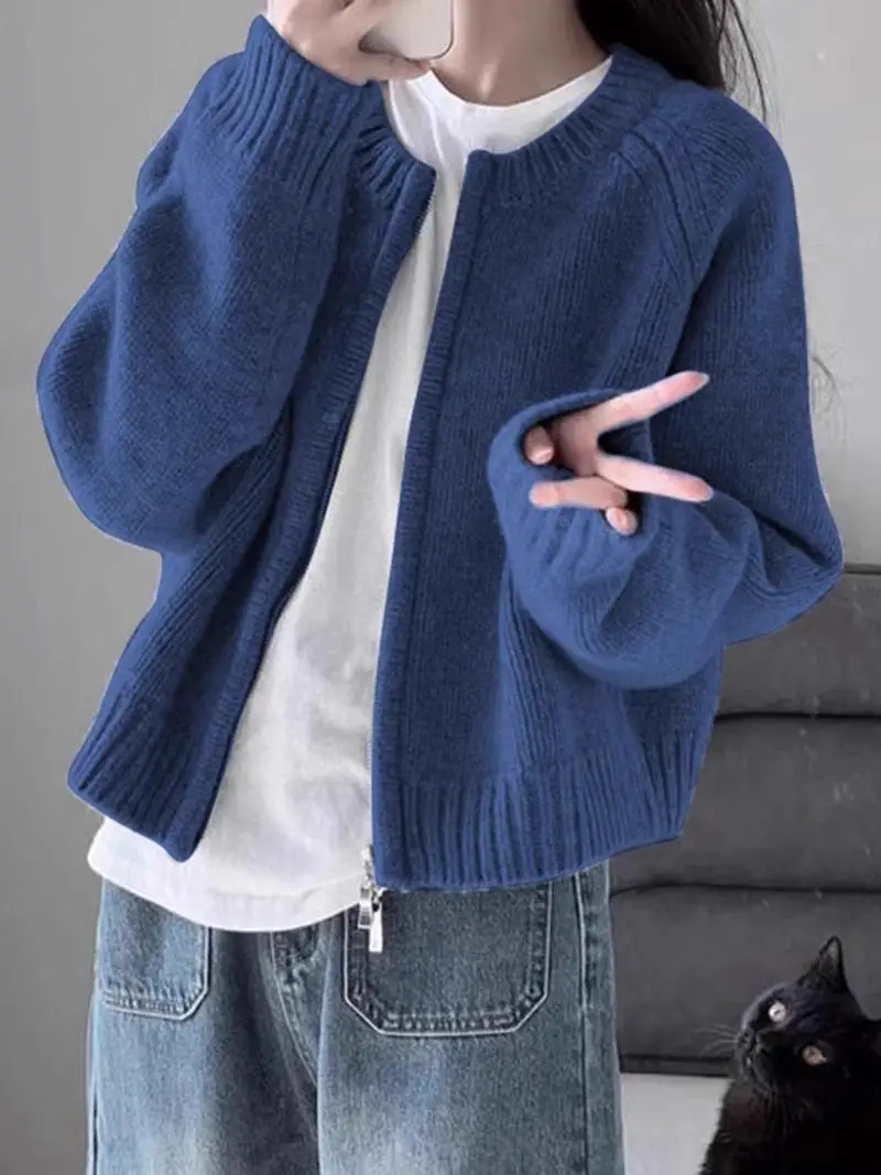 

Blue Sweater Outerwear Women Knit cardigan Soft Glutinous Retro National Fashion Brand Autumn Outer Wear Zip-up Top Commuting...