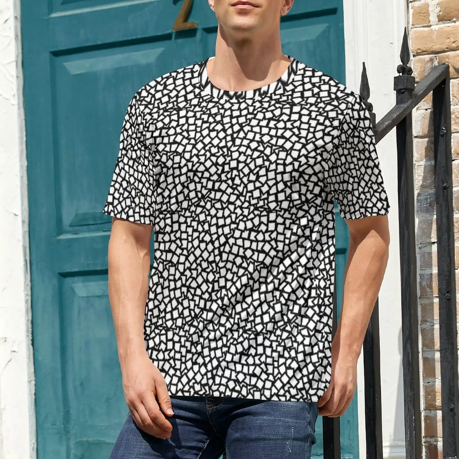Plus Size T Shirt Premium Black White Mosaic Tile Print T Shirts  Streetwear O-Neck Tshirt Man Popular Design Tops