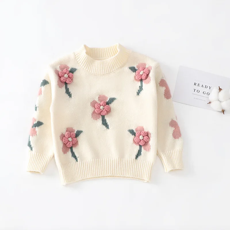 

Girls' 3D Flower Sweater 2023 New Autumn/Winter Baby Exquisite Embroidery Round Neck Knitted Sweater Active Cute Sweet Pullover