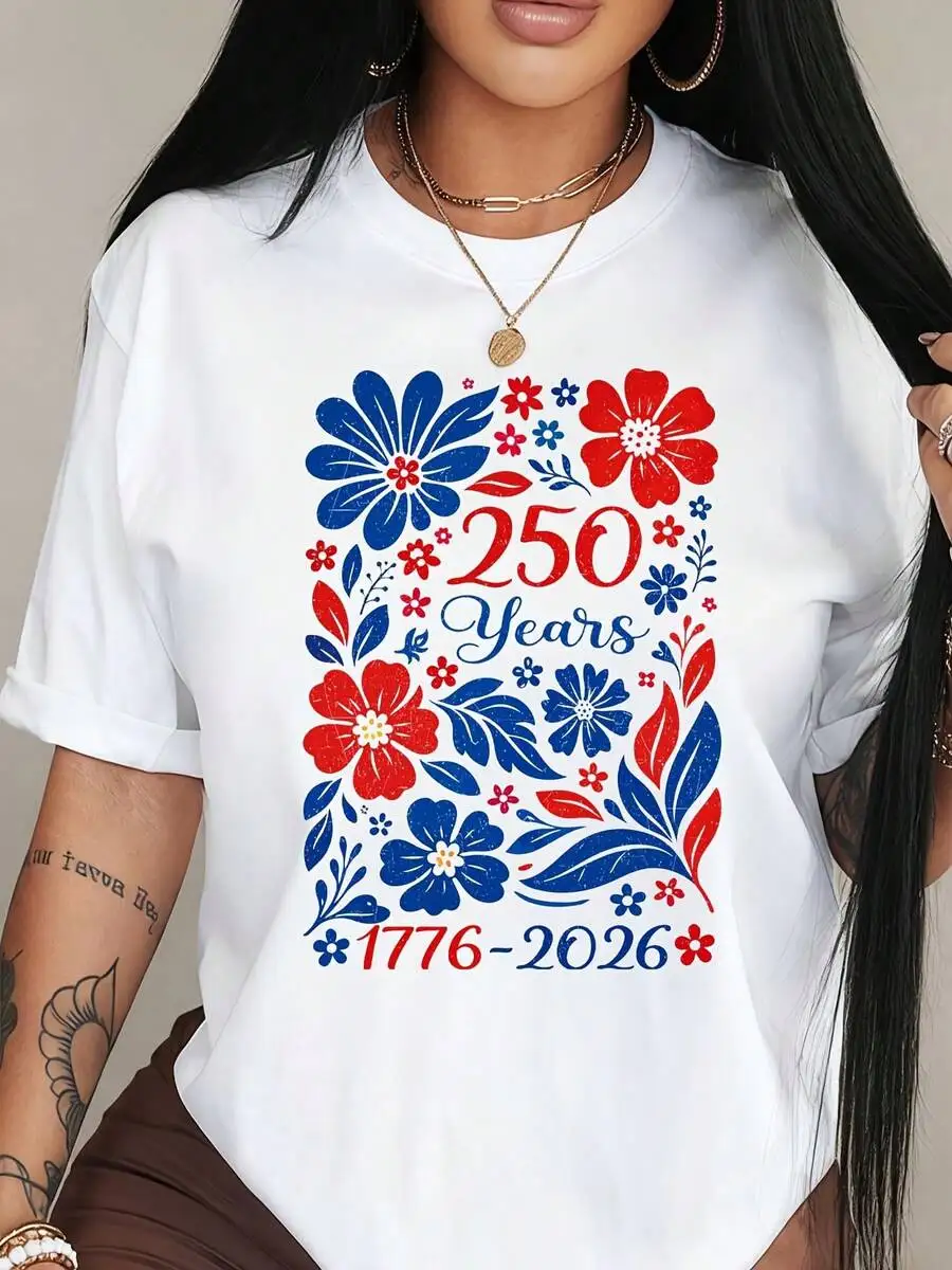 

Women 250 Years Floral Print Tee Red Blue 1776-2026 Casual Round Neck Short Sleeve Top