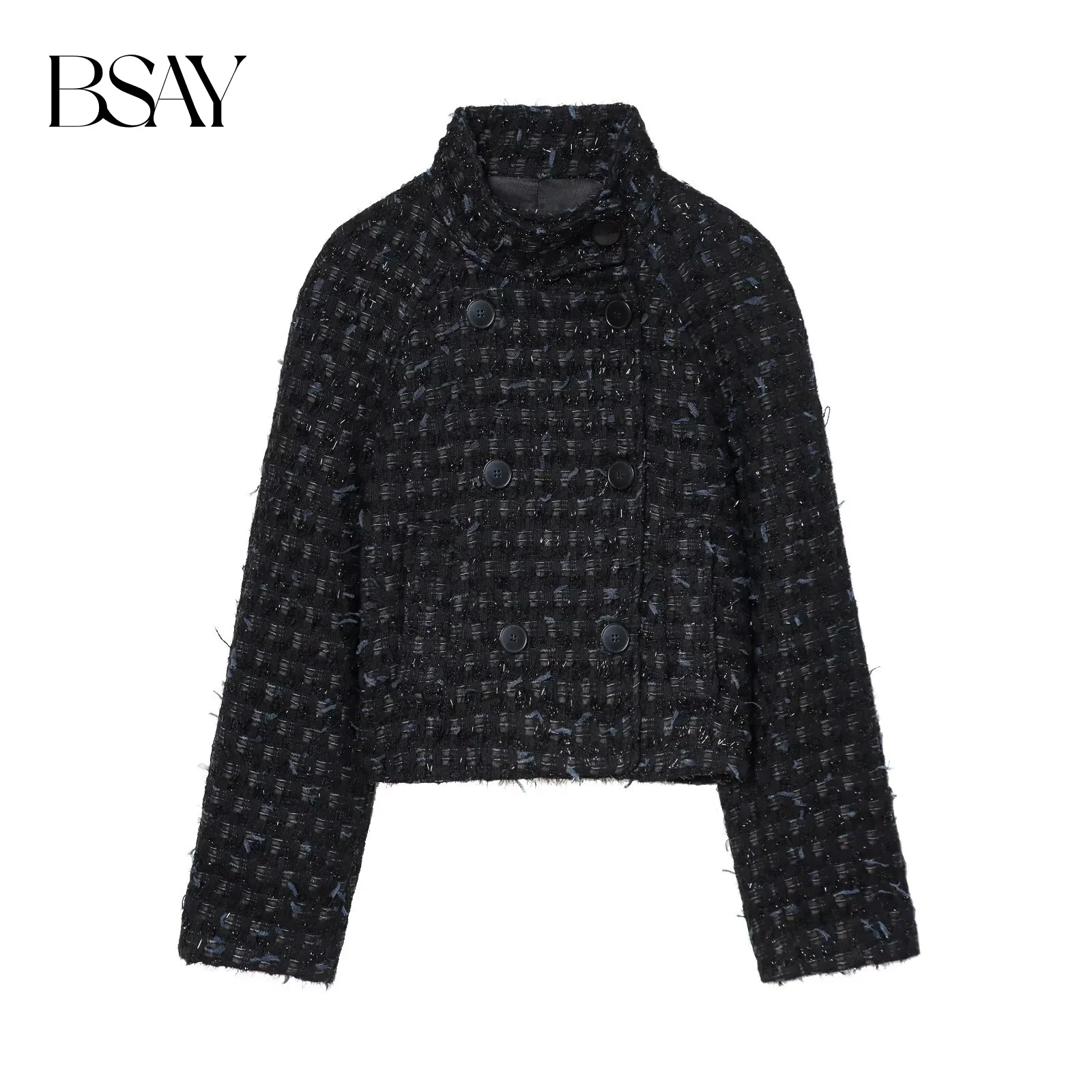 

BSAY Metal Color Line Construction Double Breasted Jacket for Women Fashion Winter New Long Sleeved Short Coats Chic Ladies Tops