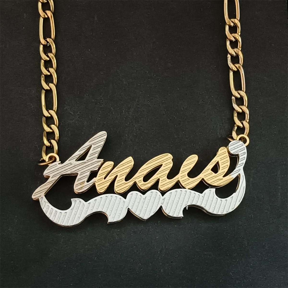 VishowCo Name Necklace Custom 3D Double Nameplate Necklace With Heart Stainless Steel Figaro Chain Personalized Name Gift Charm