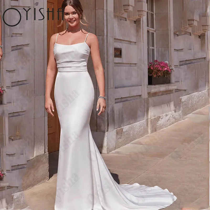 

Oyisha Simple Mermaid Satin Robe De Mariée Spaghetti Straps Sleeveless Bridal Gowns Open Back Button Wedding Dresses Custom Made