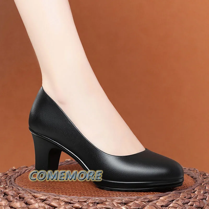 Women Fashion High Quality Elegant Square Heel Pumps Lady Cute Classic Black Office Heel Shoes Spring Autumn PU Zapatos De Mujer