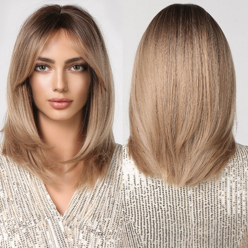 

Light Brown Ombre Short Straight Wig with Bangs Synthetic Bob Wigs for Women Shoulder Long Cosplay Daily Hair Heat Resistant