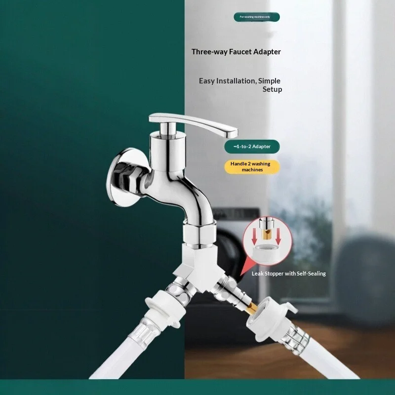 Dual Outlet Water Splitter Three-way Tap Diverter One In Two Out Connector For Washing Machine Angle Valve Plumbing Parts
