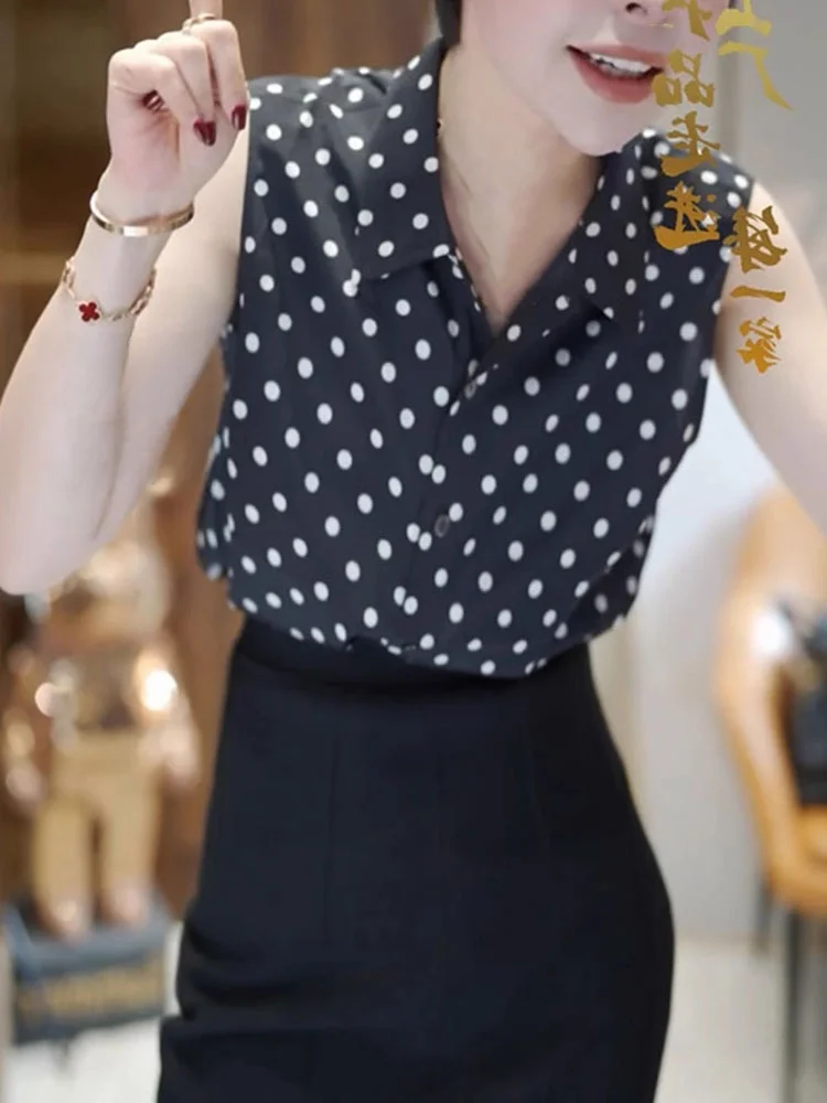 Polka Dot Design Single Button Svel irt 2025 Summer Faion Top Slimming Korean Sle Straight Cut Silk Vest