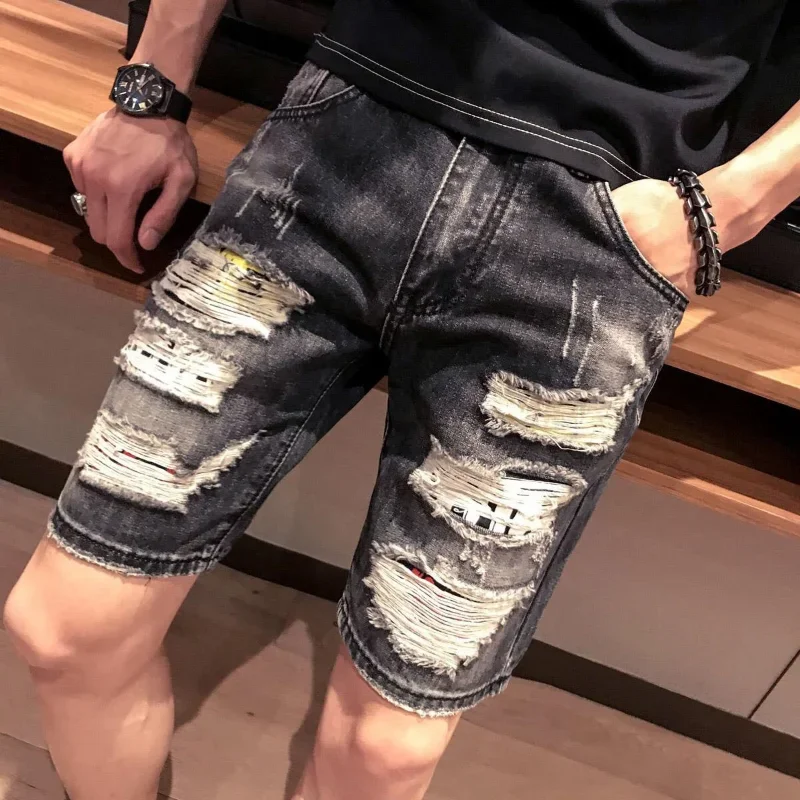 Male Denim Shorts Ripped with Text Men\'s Short Jeans Pants Multi Color Sale Retro Streetwear Stretch Jorts Vintage Xl Harajuku