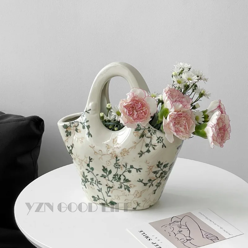 

Rustic Style Handbag Flower Basket Design Ceramic Vase Hydroponic Systems Nordic Decoration Home Flower Vases for Weddings