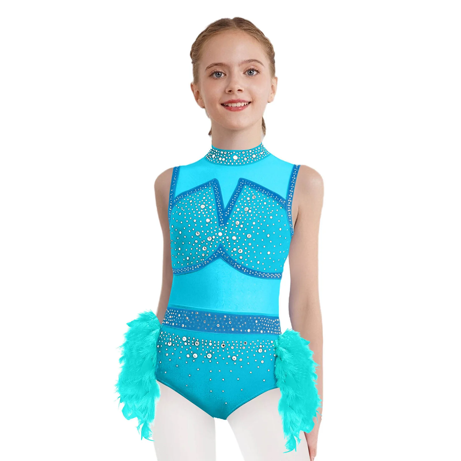 

Kids Girls Jazz Latin Dance Performance Costume Sleeveless Shiny Tutu Feather Leotard Skirt for Ballet Dance Competition Wear