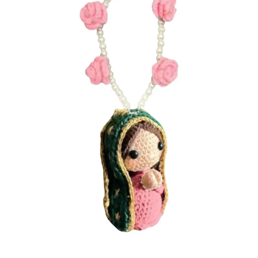 Colgante de Ganchillo Hecho a Mano de la Virgen María para Coche, Muñeca Adorable con Cadena de Cuentas de Rosa y Girasol, Adorno Religioso de Bendición, Decoración para Auto