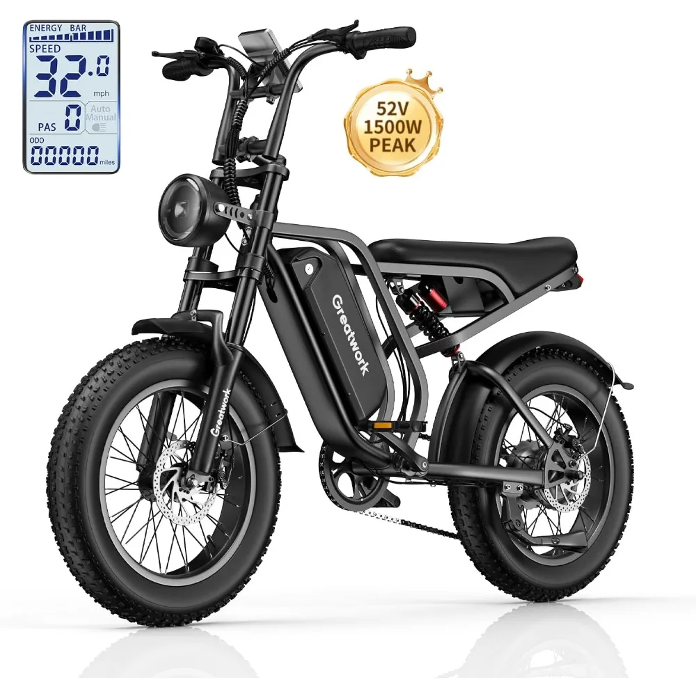 

Electric Bike for Adults 1500W Peak Electrics Dirt Bike w/ 20" Fat Tire,Max 32MPH Electric Motorcycle 52V 20Ah Electric Bicycle