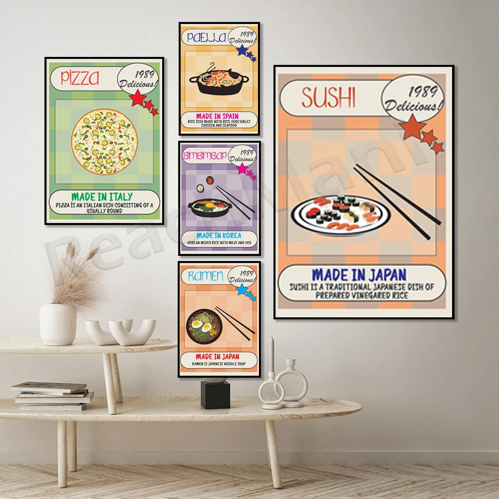 Korean food bibimbap, japanese ramen, sushi, italian pizza food poster kitchen decor, modern food logo, housewarming gift