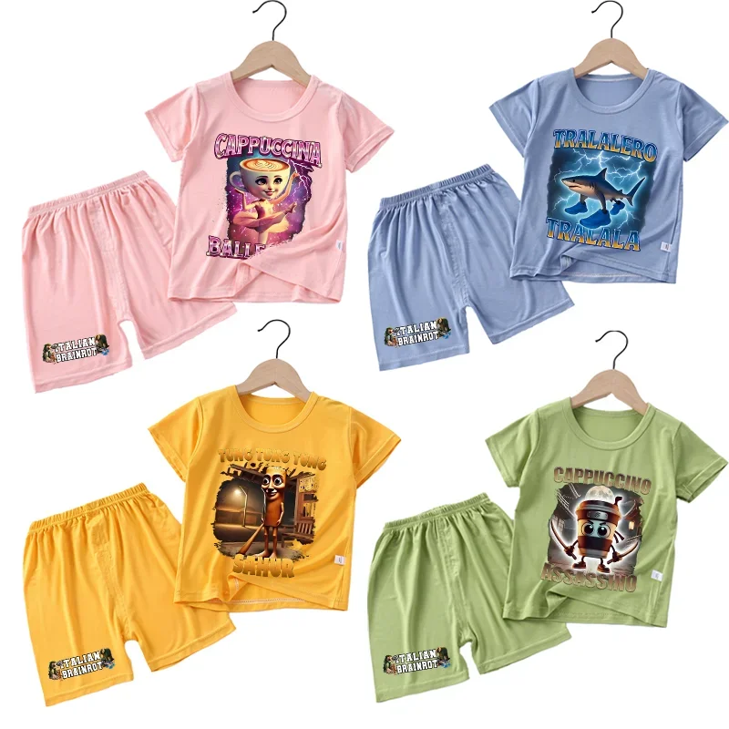 Pijamas italianos Brainrot, conjunto de ropa de verano para niños, ropa de dormir para niñas, pantalones de manga corta, ropa de descanso para niños, pijamas para niños pequeños