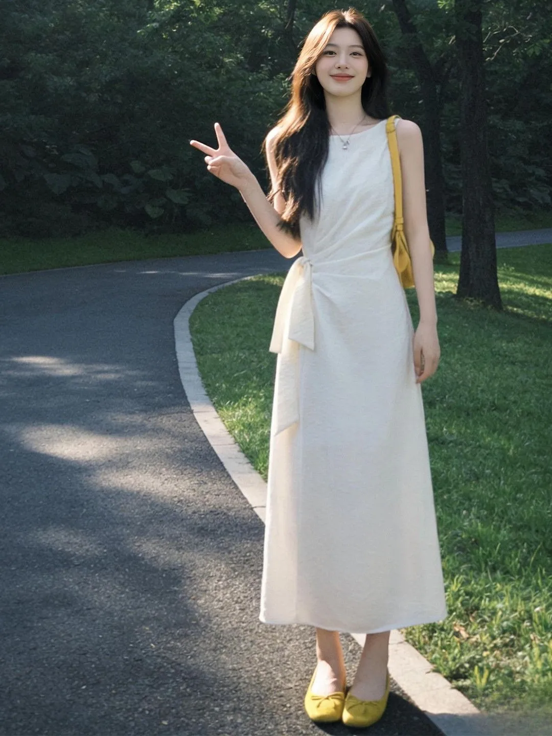 

White Sleeveless Vest Dress Women's Summer New Small Size Absolutely Beautiful Gentle Lovely Waist Cinch Long Dress