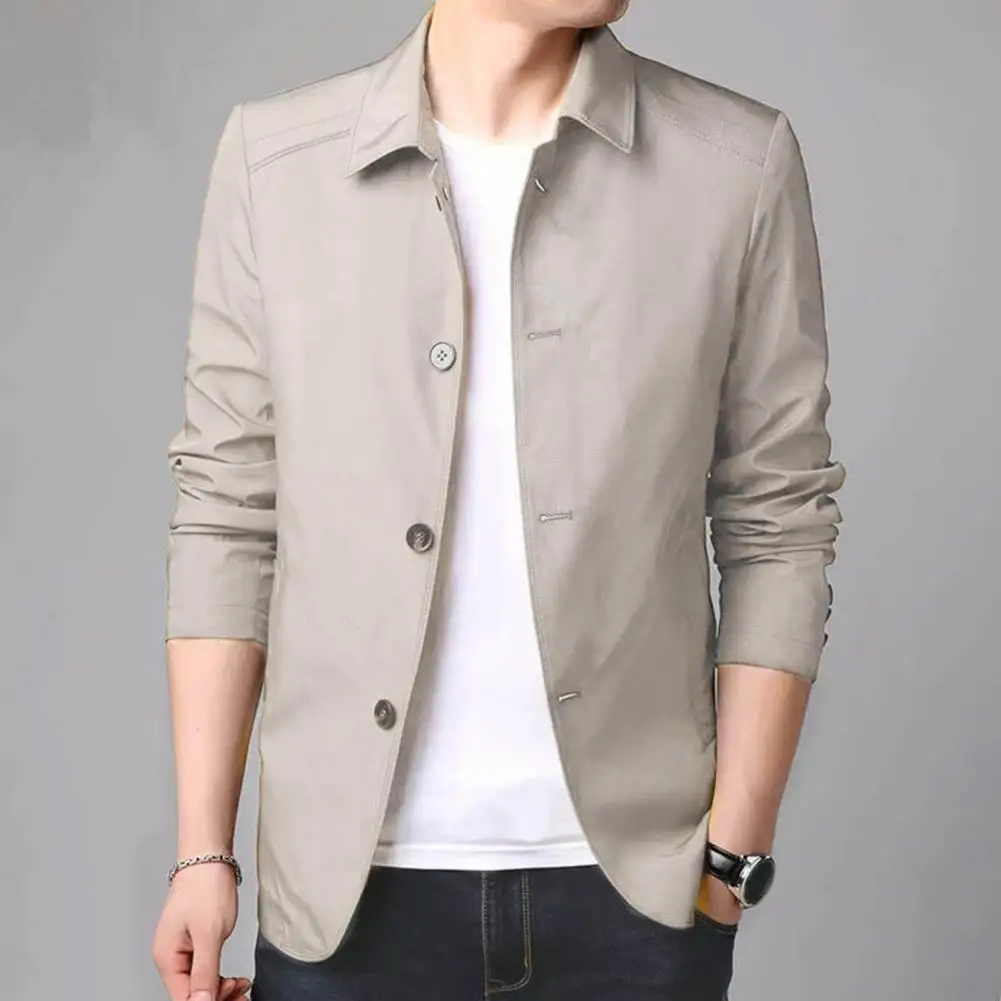 

Men Jacket Turn-down Collar Formal Business Style Men Mid Length Jacket Solid Color Long Sleeve Single-breasted Cardigan Coat