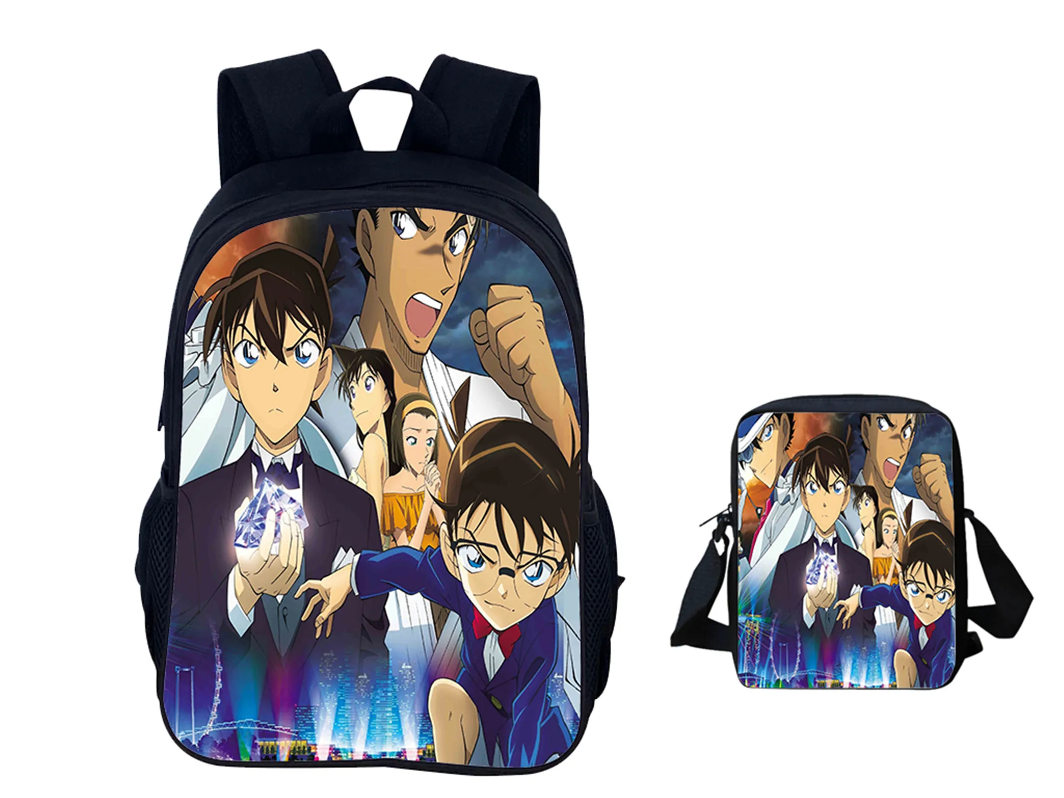Detective Conan Student 2 in 1 School Backpack and Side Bag Set,Anime Large Capacity Knapsack for Little Kids