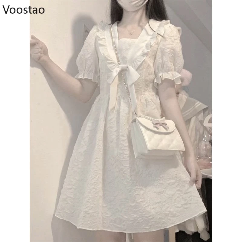 Japanische Süße Lolita Kleid Frauen Nette Puff Sleeve Kawaii Prinzessin Kleider Mädchen Student Sommer Bogen Salior Kragen Mini Vestidos