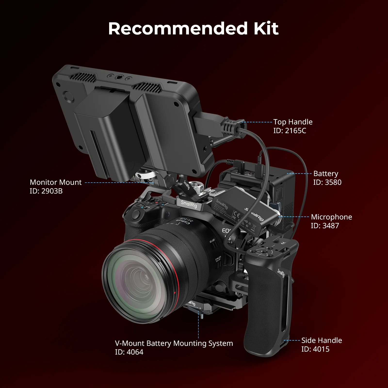 قفص SmallRig R5 II لقفص فيديو كاميرا Canon EOS R5 Mark II مصنوع من خليط معدني مع حامل حذاء بارد، 1/4 بوصة - 20 و3/8 بوصة - 16 فتحة، لوحة أركا