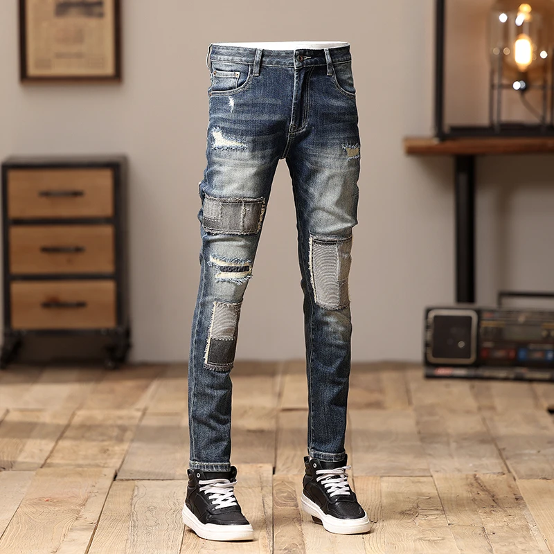 Street Fashion Men Jeans Retro Washed Blue Stretch Skinny Fit Ripped Jeans Men Patched Designer Hip Hop Denim Pencil Pants Homme
