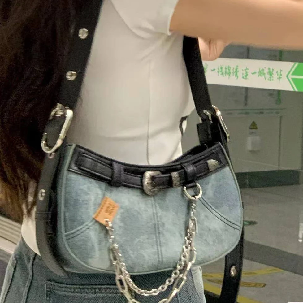 American Retro Harajuku Style Y2k Cool Chain Denim Pu Belt Handbag Underarm Bag Women Bag Large Capacity Storage Bag Purses