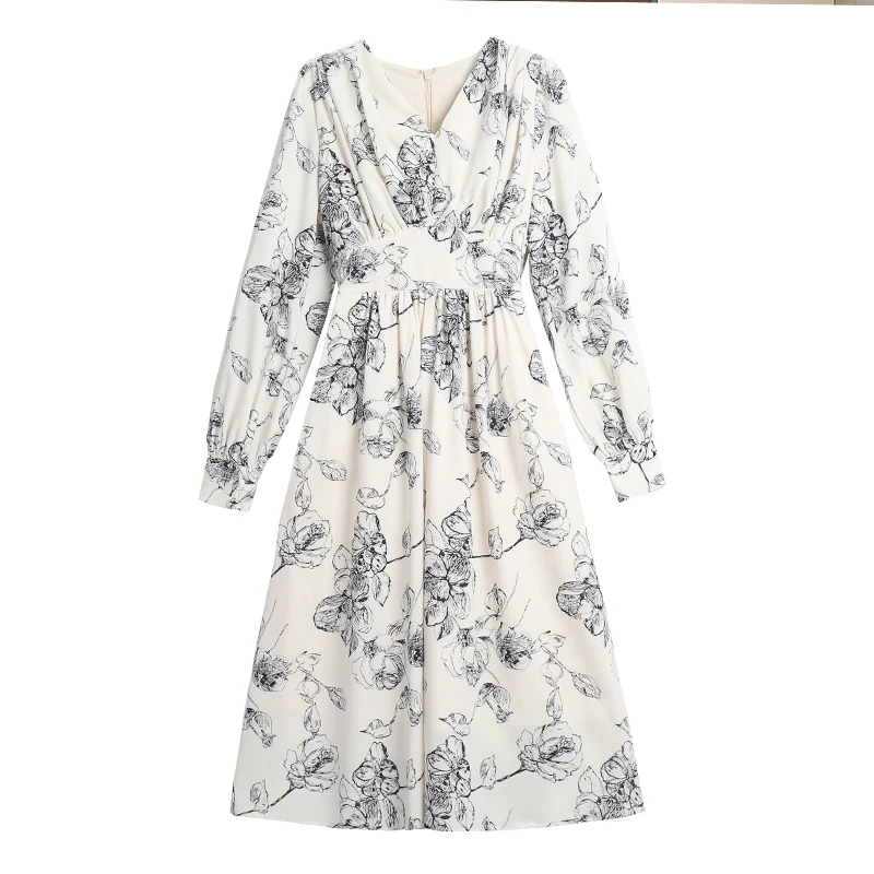 Vintage Floral Dress Women Elegant V Neck Chiffon Patchwork Design Party Midi Dress Female Casual Korean Long Sleeve Dress 2023