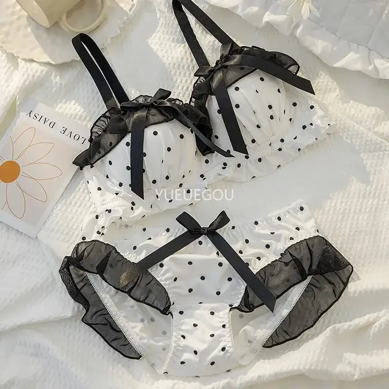 Niedliches BH-Set mit Schleife und Punkten für Damen – Bügelloser Push-up-BH für kleine Oberweite, bequemes Spitzenunterwäsche-Set (2-teilig)_voghion.com