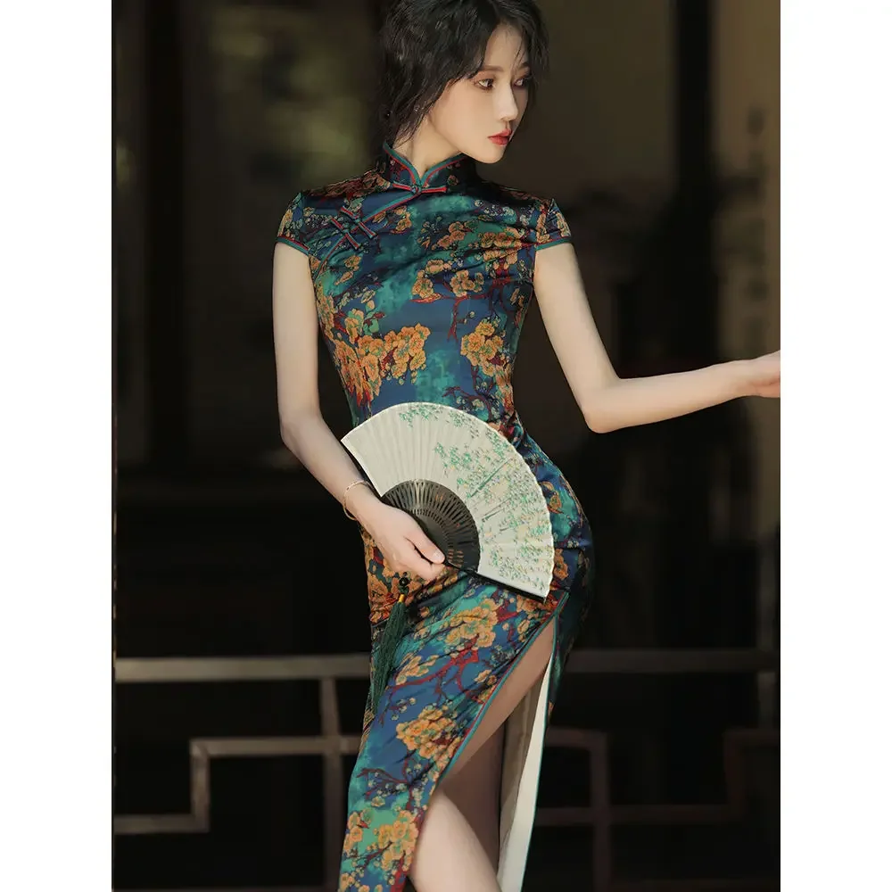 Cheongsam Dress Womens Slim Fit 2024 Summer Cotton Blend Prints Short Sleeve Traditional Chinese Style Slim Qipao Dresses Woman