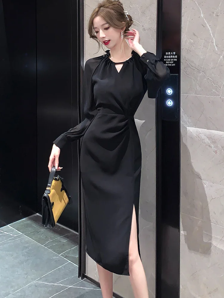 2024 Black V-Neck Sheer Sexy Club Long Dress Women Korean Vintage Hepburn Prom Clothing Autumn Winter Elegant and Pretty Dresses