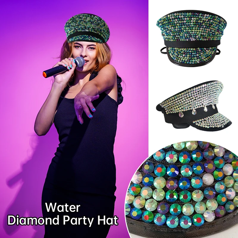 

Punk Sequin Shinny Rhinestone Military Hat Novelty Shiny Sergeant Hat Captain Cap Party Carnival Flat Hats Performance Cap