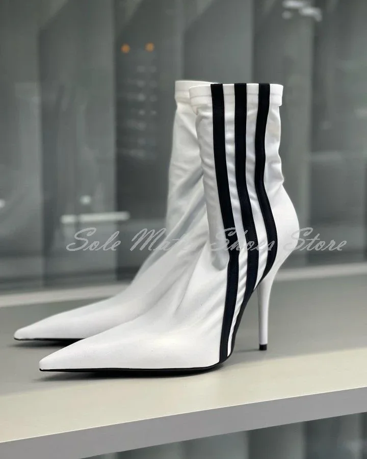 

Fashion White Pointed Toe Ankle Boots Genuine Leather Black Stripes Stiletto Heel Women's Modern Boots Casual Short Boots
