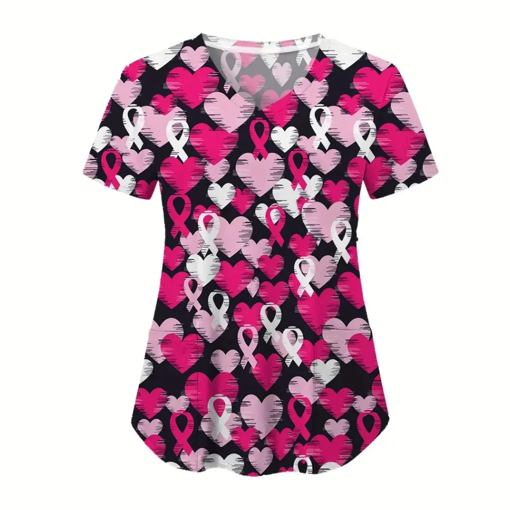 Surgical Uniforms Woman Fashion Heart Print V-Neck Patch Pocket with Micro-Stretch Nurse Short Sleeves Clinical Uniform Woman