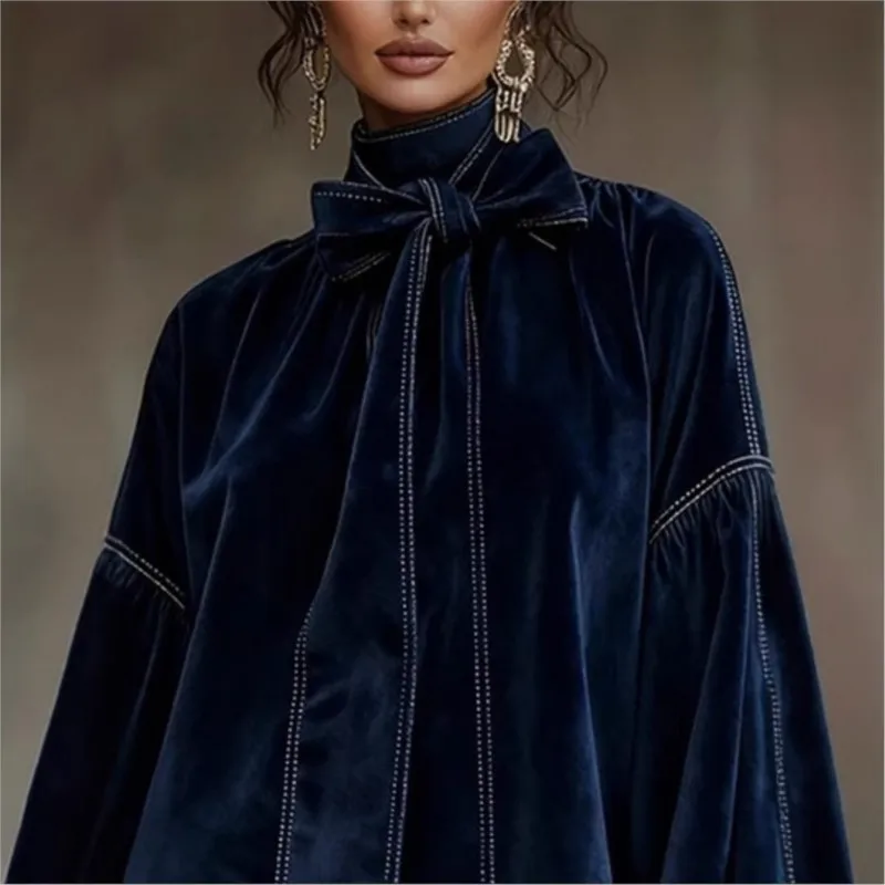 الأمريكية الرجعية عالية الياقة فانوس فستان بكم طويل الخريف ربطة القوس فيونكة أنيقة المخملية المرأة عادية شارع العليا فساتين صغيرة #5