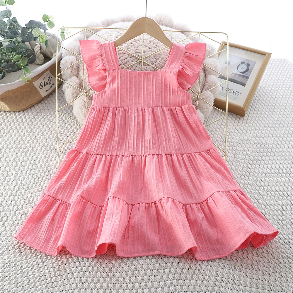 Vestido de Princesa para Niñas, Color Sólido, con Tirantes y Mangas Volantes, Vestido Rosa Informal, Ropa Infantil de Moda para el Verano